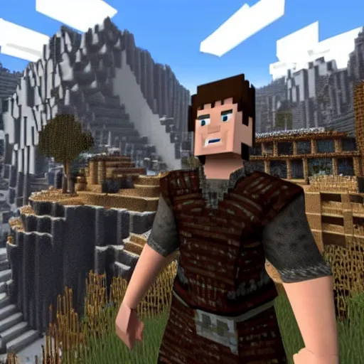 Image similar to Skyrim gameplay of Rick Astley playing Minecraft