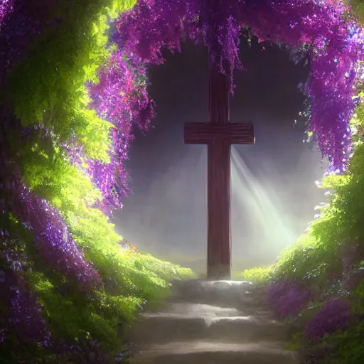 Image similar to a christian cross as the light at the end of the tunnel, purple and pink undertones, with a few vines and overgrowth, studio ghibli, cinematic, realistic painting, high definition, digital art, symmetrical, very detailed, extremely high detail, photo realistic, concept art, unreal engine 5,