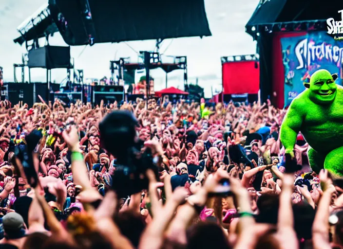 Image similar to photo still of shrek at the vans warped tour 2 0 1 8!!!!!!!! at age 3 6 years old 3 6 years of age!!!!!!!! getting lit in the pit, 8 k, 8 5 mm f 1. 8, studio lighting, rim light, right side key light