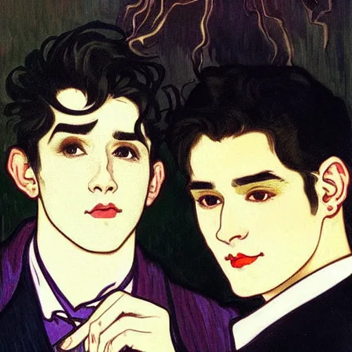 Image similar to painting of young cute handsome beautiful dark medium wavy hair man in his 2 0 s named shadow taehyung and cute handsome beautiful min - jun together at the halloween! party, ghostly, haunted, ghosts, autumn! colors, elegant, wearing suits!, clothes!, delicate facial features, art by alphonse mucha, vincent van gogh, egon schiele