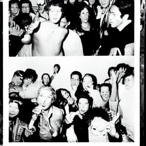 Image similar to extremely realistic toho godzilla partying at studio 5 4 b & w grainy photograph lots of celebrities including andy warhol