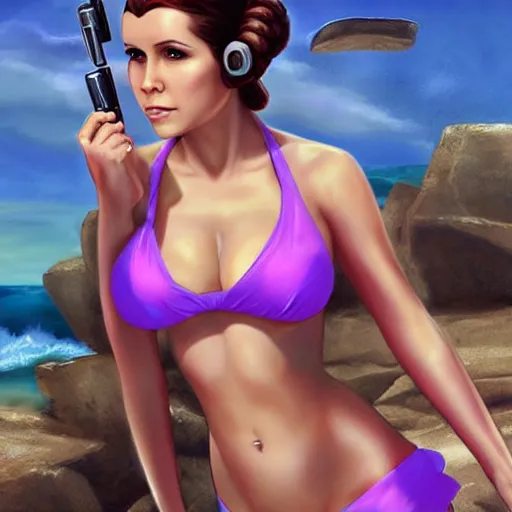 Image similar to beautiful princess leia in a bikini on the beach drawn by artgerm