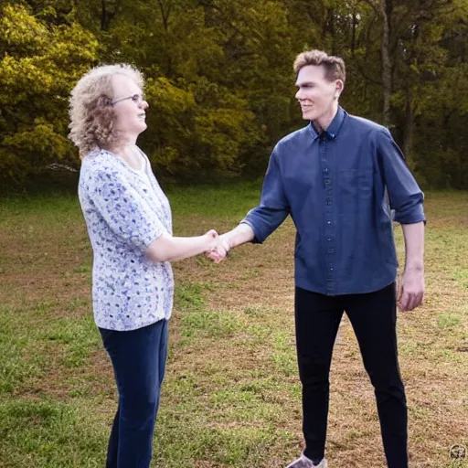 Image similar to jerma985 shaking hands with Cathy Mitchell, wide shot, 4k, professional photography, detailed, film still