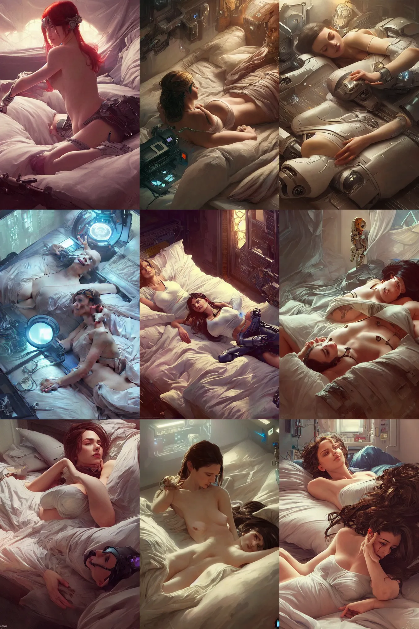 Prompt: Ultra realistic illustration, woman lying in bed next to a robot, cyberpunk, sci-fi, fantasy, intricate, elegant, highly detailed, digital painting, artstation, concept art, smooth, sharp focus, illustration, art by artgerm and greg rutkowski and alphonse mucha