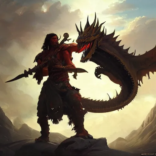 Prompt: landscape artwork of a warrior facing a dragon by Greg Hildebrandt and Greg rutkowski