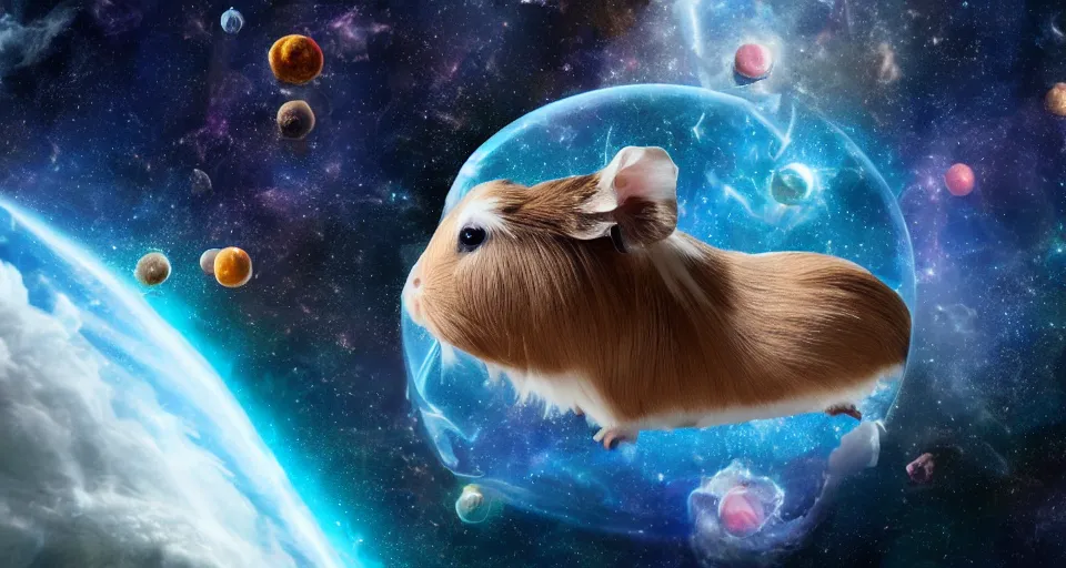 Image similar to ultra realistic guineapigs floating in space suits floating in space, 4 k, 8 k, nebula, universe, many stars, space station