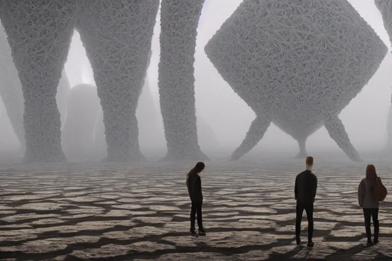 Image similar to tourists visiting a complex organic fractal 3 d ceramic humanoid megastructure, cinematic shot, foggy, photo still from movie by denis villeneuve
