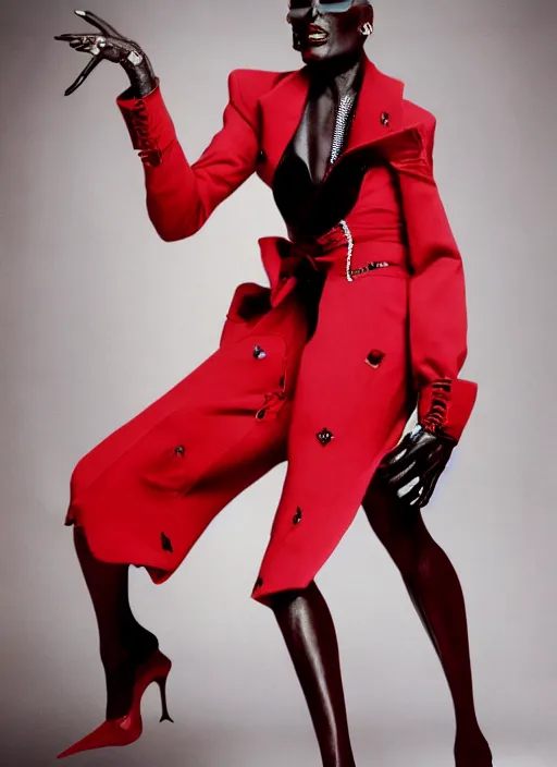 Prompt: grace jones styled by nick knight posing, set pieces, intricate set, vogue magazine, canon, highly realistic. high resolution. highly detailed. dramatic. 8 k. 4 k.