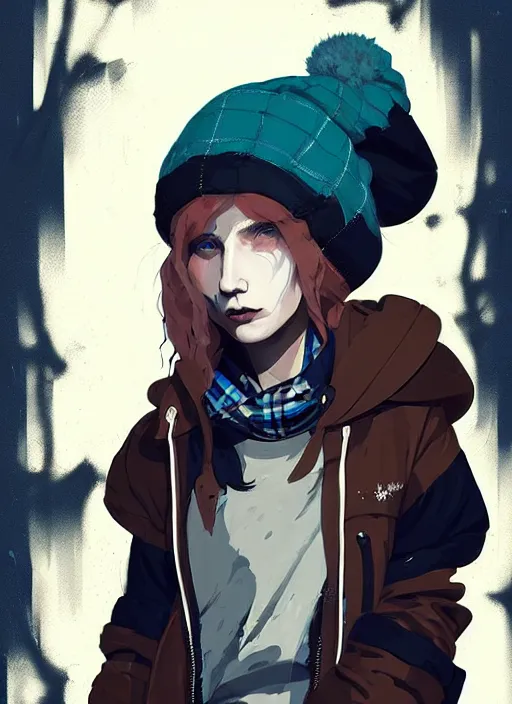 Image similar to highly detailed closeup portrait of a sewer punk lady student, beanie, tartan hoodie, white hair by atey ghailan, by greg rutkowski, by greg tocchini, by james gilleard, by joe fenton, by kaethe butcher, gradient, blue, black, brown and cream color scheme, grunge aesthetic!!! white graffiti tag wall background