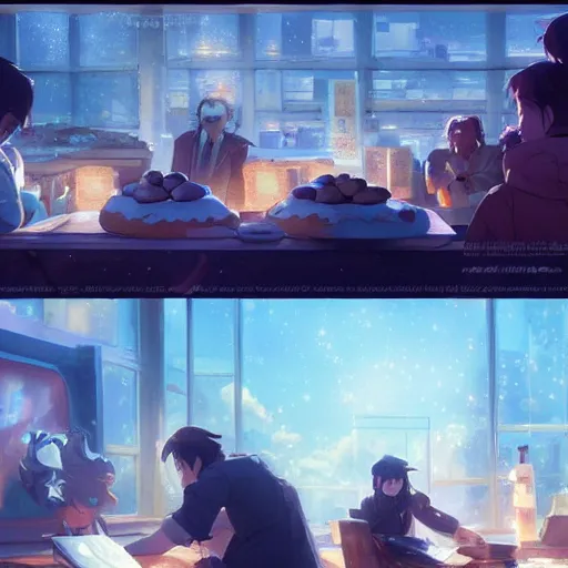 Image similar to a movie shootout scene, everything is doughnuts, perfect shading, atmospheric lighting, by makoto shinkai, stanley artgerm lau, wlop, rossdraws