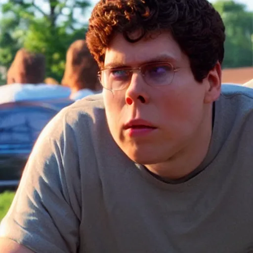 Image similar to Live Action Still of Jerma in Superbad, real life, hyperrealistic, ultra realistic, realistic, highly detailed, epic, HD quality, 8k resolution, body and headshot, film still