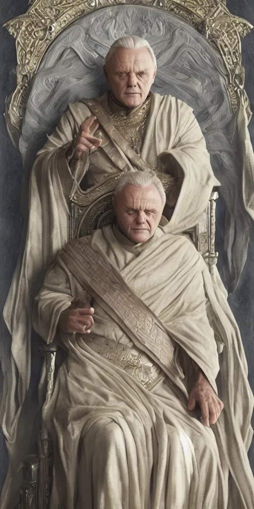 Image similar to anthony hopkins, majestic king on a throne, dungeons and dragons, fame of thrones masterpiece by edgar maxence and ross tran and michael whelan, gustav dore, 8 k, octane render