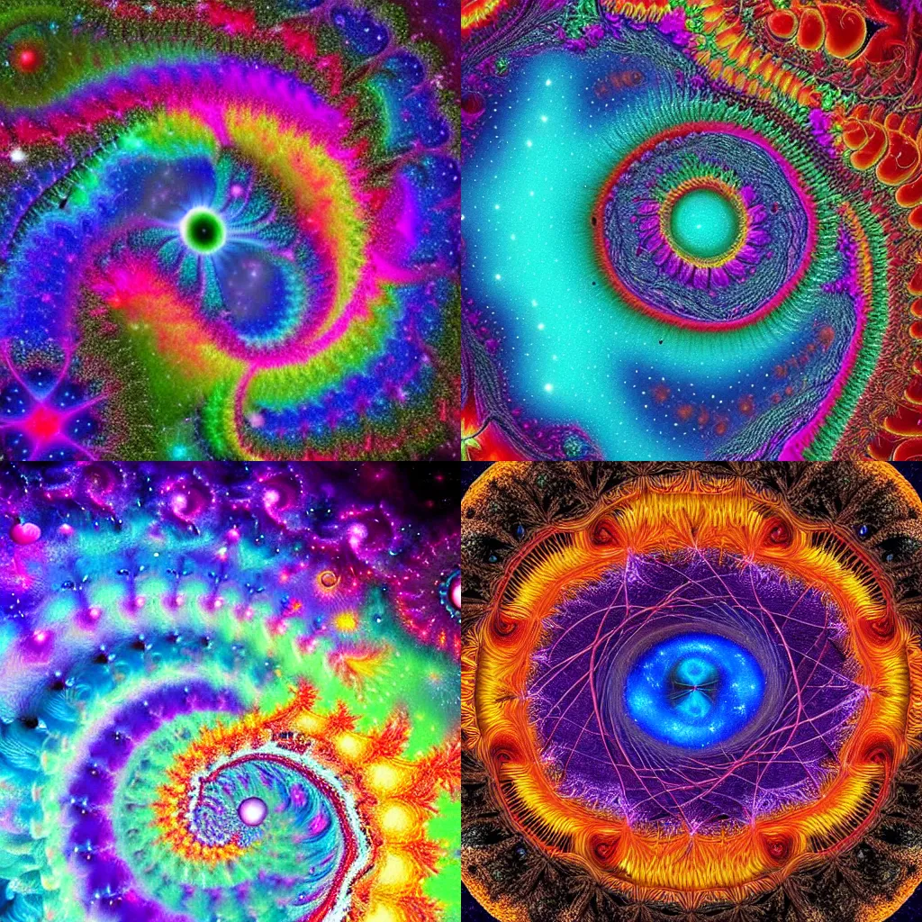 Prompt: a universe inside of a universe. Fractal. Beautifully detailed. Scientific. Intense colors.