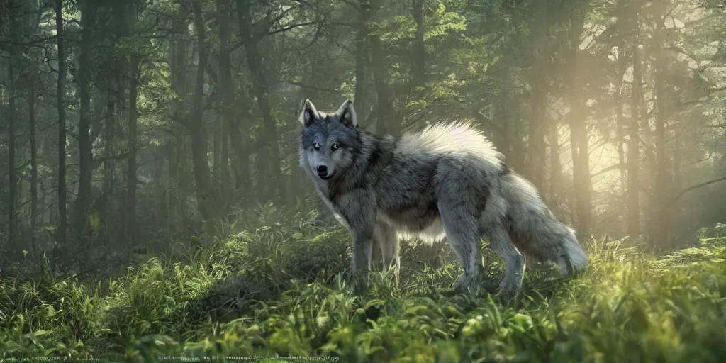 Image similar to spirit wolf in a forest, 4 k, high detail, dramatic lighting, sunset, hayao miyazaki, masashi ando, nizou yamamoto, kazuo oga, joe hisaishi, yoji takeshige, naoya tanaka