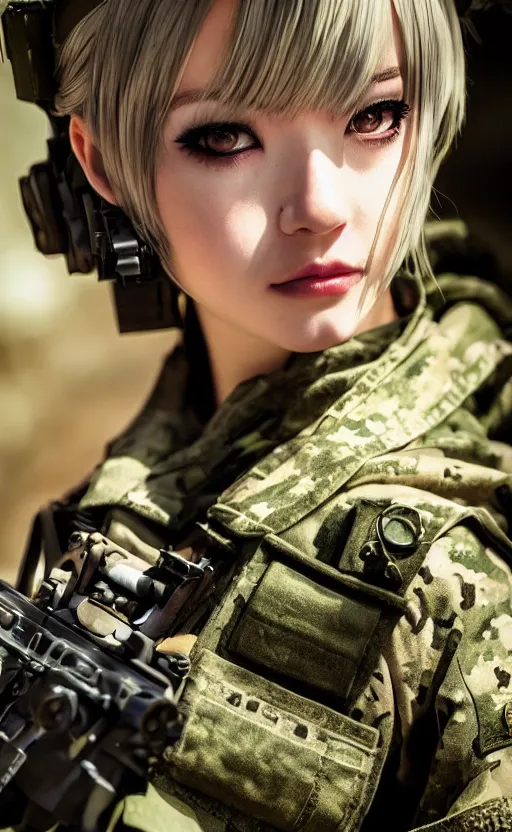 Image similar to portrait photo, highly detailed, high resolution, cosplay photo, stunning, girls frontline style, bokeh soft, 100mm, trending on instagram, by professional photographer, realistic human anatomy, real human faces, realistic military carrier, soldier clothing, modern warfare, realistic weapon, shot with a arriflex 35 ii, low saturation, small human eyes, improve picture from previous attempts