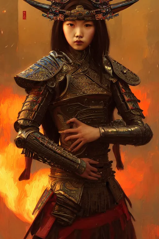 Prompt: portrait armor samurai girl, in ruin fire rainny honnoji temple night, ssci - fi and fantasy, intricate and very very beautiful and elegant, highly detailed, digital painting, artstation, concept art, smooth and sharp focus, illustration, art by tian zi and wlop and alphonse mucha