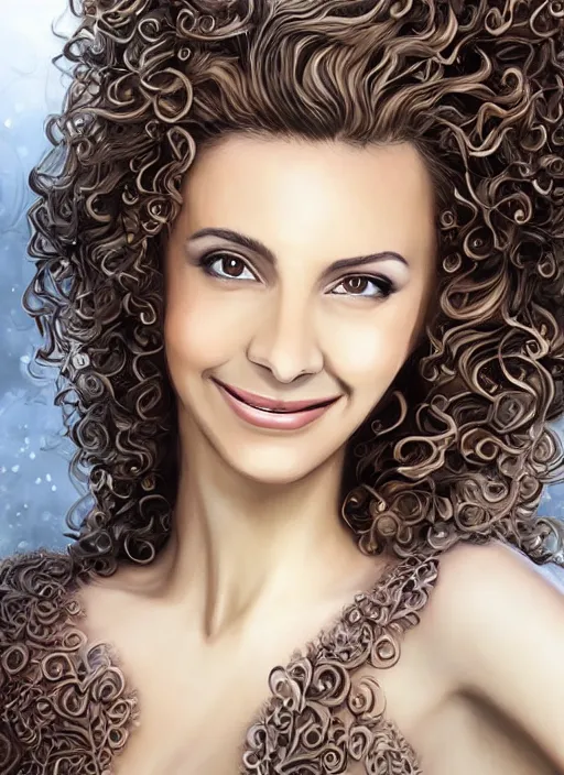 Image similar to beautiful female angel, brunette with big smile and curly hairstyle, looks like Ebru Şahin, Reyyan, looks like Fabiula Nascimento, looks like Laura Barriales, looks like Julia Roberts, D&D, fantasy, intricate, elegant, highly detailed, digital painting, artstation, concept art, character design, smooth, sharp focus, illustration, art by artgerm and greg rutkowski and alphonse mucha