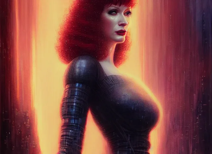 Image similar to portrait shot of christina hendricks in bladerunner wearin a cyberpunk costume, intricate, elegant, highly detailed, centered, digital painting, artstation, concept art, smooth, sharp focus, illustration, artgerm, tomasz alen kopera, peter mohrbacher, donato giancola, joseph christian leyendecker, wlop, boris vallejo