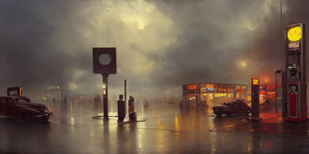 Prompt: a gas station in 1 9 4 0 with yellow and red light in the middle of the night, rainy night, a men stand up next to the pump, mystical blue fog, oil on canvas, art by andreas achenbach, clemens ascher, tom bagshaw and sabbas apterus,