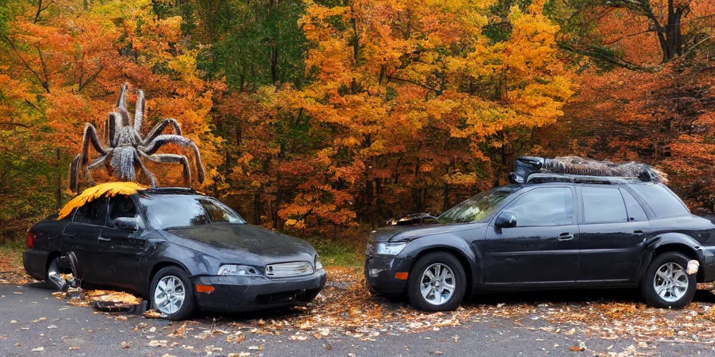 Image similar to A photo of a giant tarantula waits behind a car in autumn pennsylvania