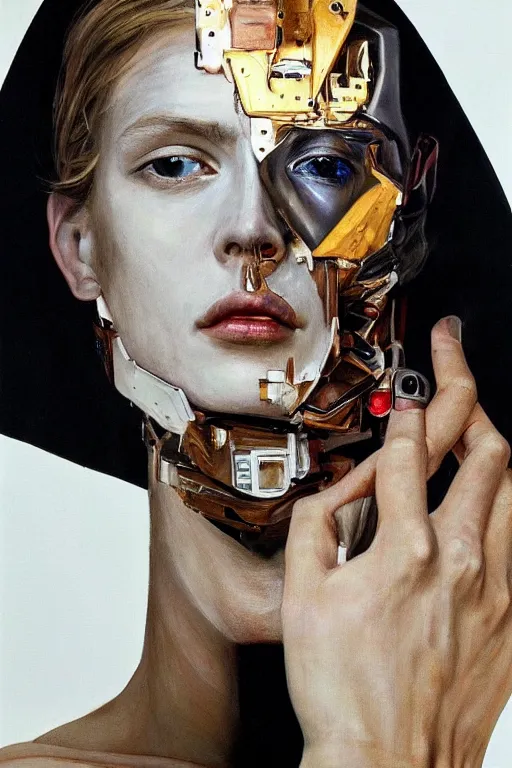 Prompt: hyperrealism mixed with classicism, oil painting, close - up portrait of fashion model looking at close - up melting cyborg face, fully clothes in black reflect robe, complete darkness, in style of classicism mixed with 8 0 s sci - fi hyperrealism