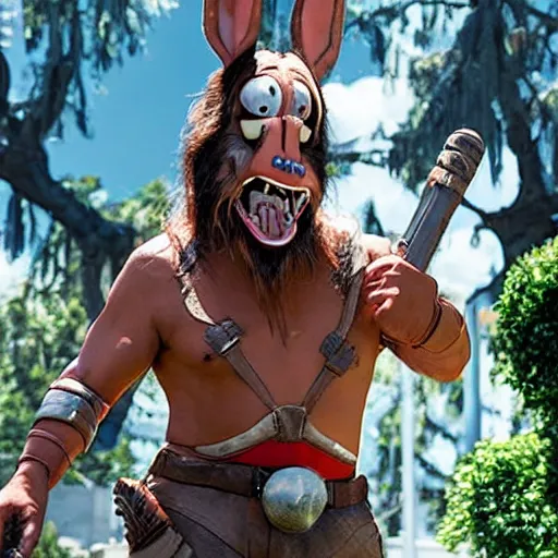 Prompt: Danny Trejo as Bugs Bunny live action movie, set photo in costume, cosplay, photograph