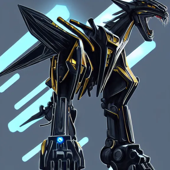 Image similar to cinematic shot, 35 foot tall stunning quadrupedal mecha dragon, sharp edged black armor, shining gold accents around the edges, sleek OLED blue visor for eyes, four legs, walking in busy neon city streets, sharp claws, epic shot, highly detailed art, sci fi, furry, 3D realistic, warframe fanart, destiny fanart, furry art, dragon art, feral art, macro art, furaffinity, DeviantArt, sofurry