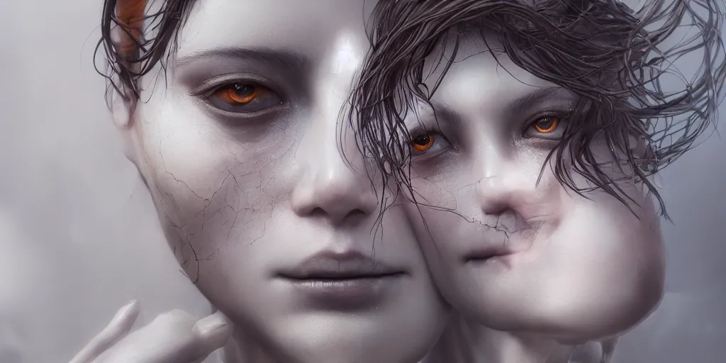 Prompt: the creation of, hyper realistic photography of a beautiful cyborg female, intimate holding close, in the style of beth cavener, jin kagetsu, wlop, highly detailed, intricate filigree, symmetry, masterpiece, concept art, highkey lighting, ambient lighting, octane render, 8 k, artstation