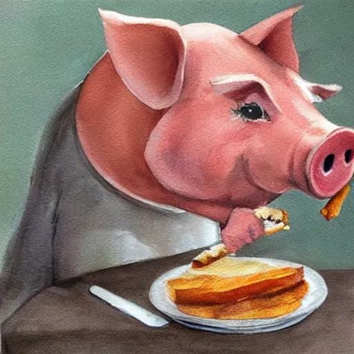 Image similar to a pig eating a rasher of bacon. detailed, realistic,