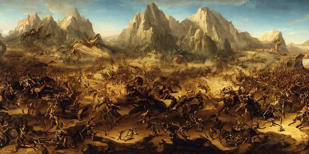 Image similar to an epic battle artwork by eugene von guerard
