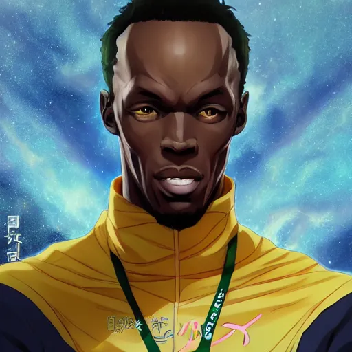 Image similar to portrait of usain bolt the incarnation of hermes, anime fantasy illustration by tomoyuki yamasaki, kyoto studio, madhouse, ufotable, square enix, cinematic lighting, trending on artstation