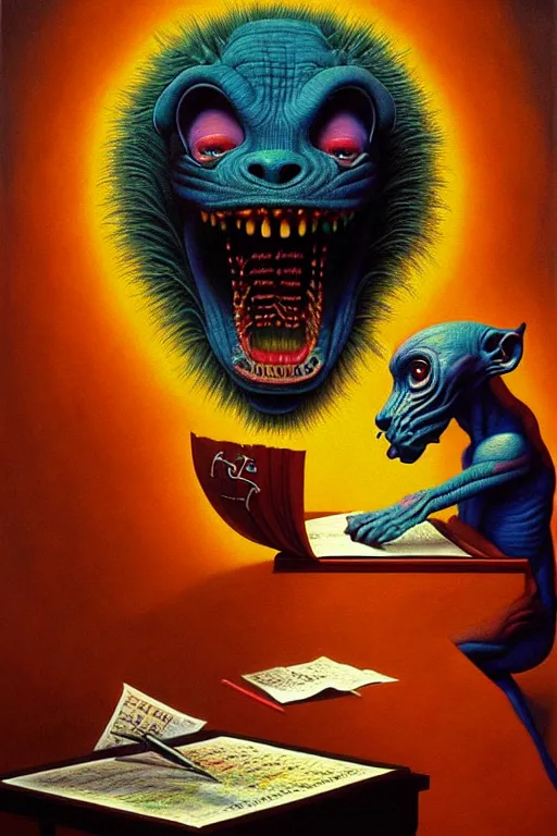 Prompt: a hyperrealistic painting of a chimeric creatures studying for a math exam, cinematic horror by jimmy alonzo chris cunningham, lisa frank, richard corben, highly detailed, vivid color,