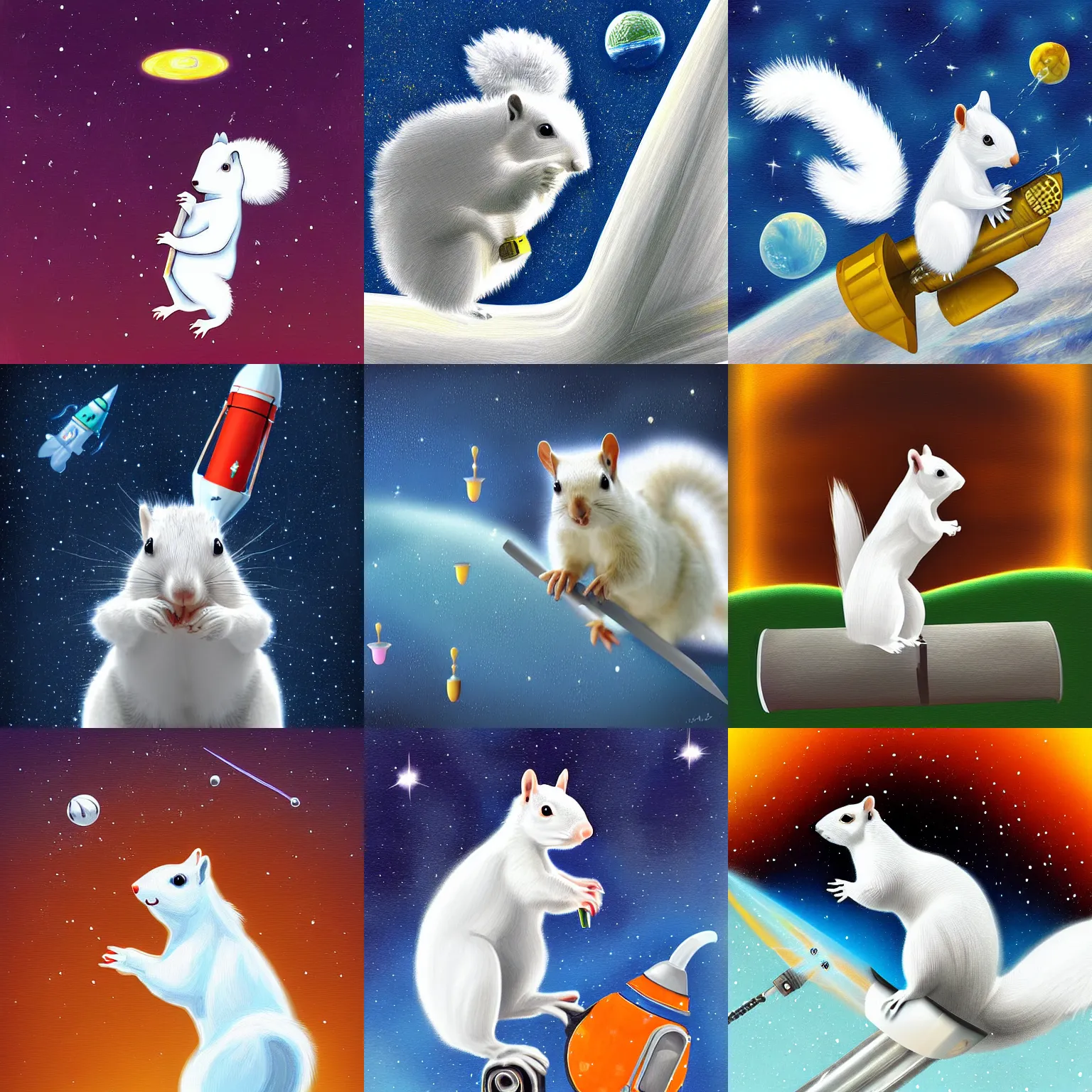 Prompt: a white squirrel on an rocket in space, digital painting