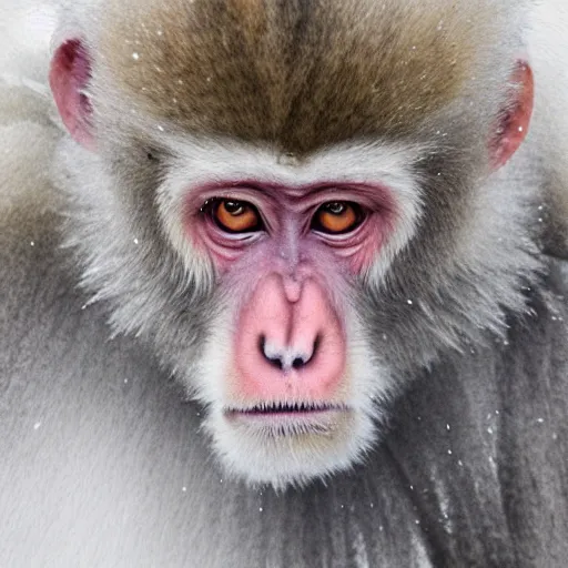 Prompt: portrait of snow monkeys, highly detailed, snow flurry, cold, steamy, desaturated, ultrarealistic, inquisitive, striking, contemplative, watercolor (dry brush)