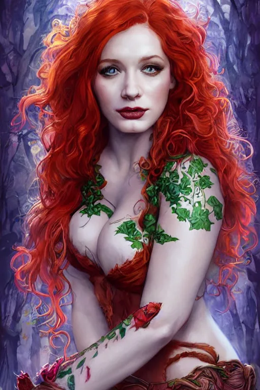 Image similar to three-quarters pose portrait of Christina Hendricks as Poison Ivy, very beautiful young woman, ginger wavy hair, Intricate, nature and flowers tattoos and imagery themed, D&D!, fantasy style, sharp focus!, ultra detailed, art by Artgerm and Peter Andrew Jones, WLUP