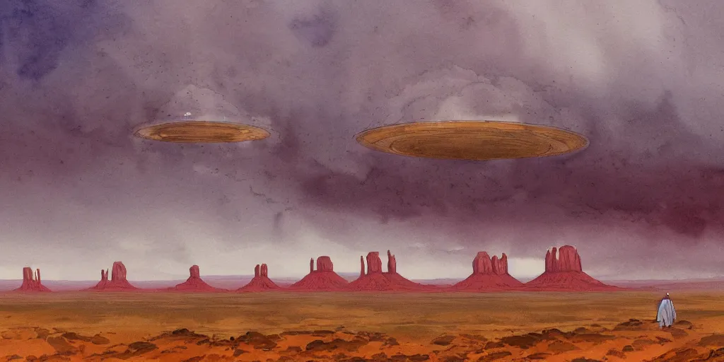 Image similar to a hyperrealist watercolor concept art of a giant ufo from independence day on the horizon of monument valley. a medieval monk in grey robes is in the foreground. golden hour. very muted colors, by rebecca guay, michael kaluta, charles vess. high detail, hq, wide shot, 4 k