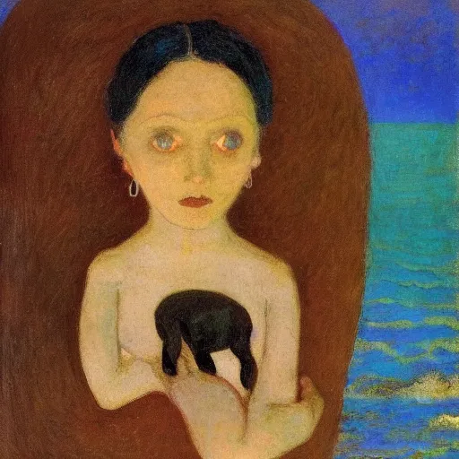 Image similar to a woman and her black and brown chihuahua by the sea by odilon redon