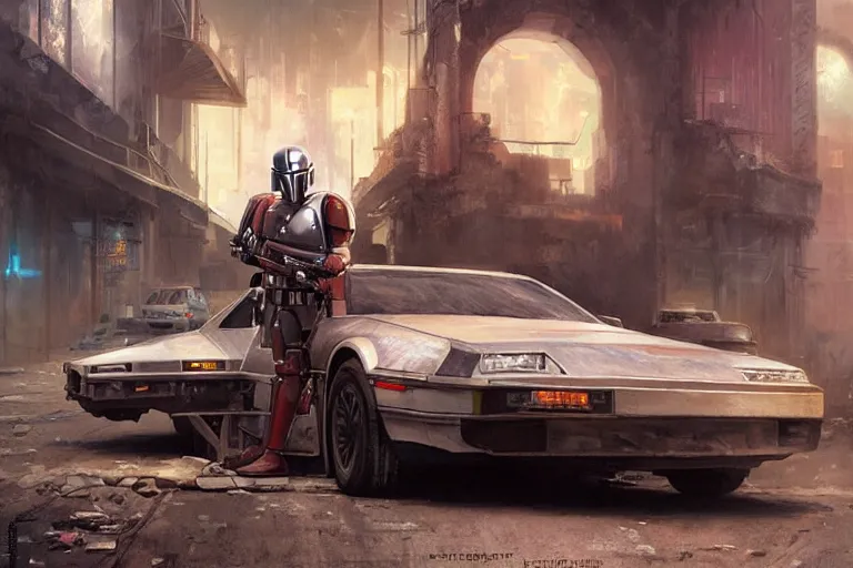 Image similar to photograph of the mandalorian entering a delorean driving down the streets of a cyberpunk abandoned city, wing doors are lifted, by greg rutkowski, by stanley artgerm, by alphonse mucha