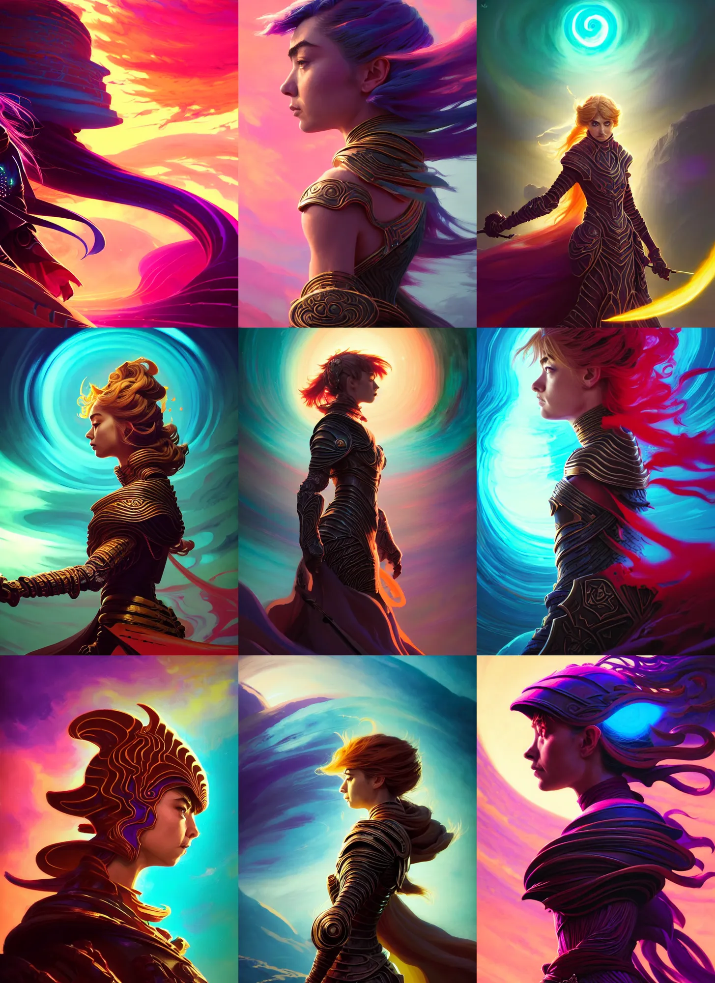 Prompt: side portrait, imogen poots, paladin, gloomhaven, dune armor, colorful swirly ripples, gaudy colors, anime, luminescent, organic matte painting, by greg manchess, huang guangjian, greg rutkowski, jesper ejsing, magali villeneuve, artgerm, ilya kuvshinov