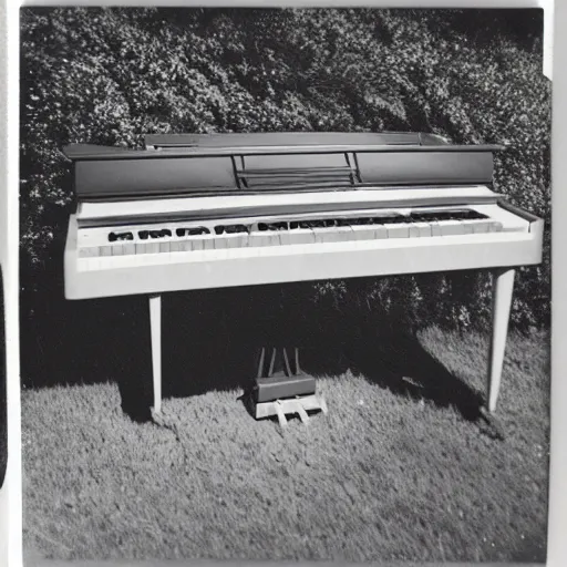 Image similar to a Polaroid photo of a transparent perspex piano in a field, beams of light, nostalgic