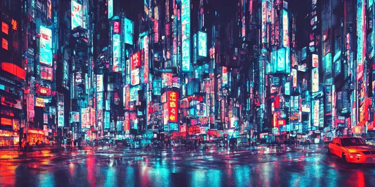 Prompt: a big futuristic cyberpunk city at night, tall buildings, a cat sitting under an umbrella, rain, japanese neon signs, cinematic lighting, hd 4k photo