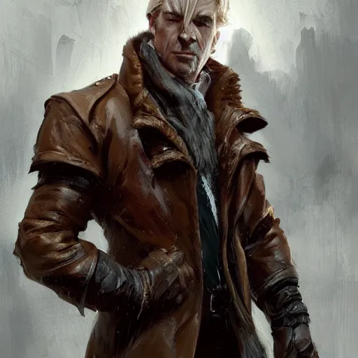 Image similar to portrait of a muscular, grim, ponytail haired blonde man in his late 30's, wearing a thick brown leather coat, looking to his side, scarred face, blue eyes, hunter, DnD character, fantasy character, dramatic lighting, digital art by Ruan Jia, Krenz Cushart, Rossdraws and Boris Vallejo