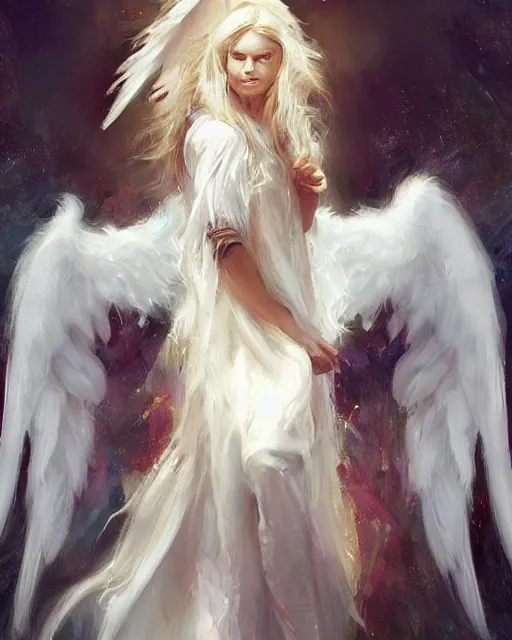 Image similar to messi, the one - winged!!!!!!! angel, male!!!!!!!, long white hair, by daniel gerhartz, trending on artstation