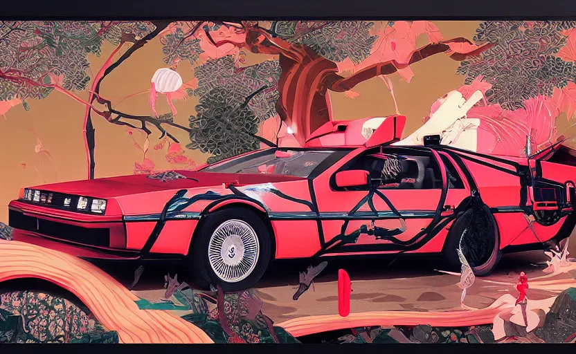 Image similar to a red delorean, tiger stripe backdrop, art by hsiao - ron cheng and utagawa kunisada, magazine collage, # e 4 e 6 2 0, # de 9 5 f 0