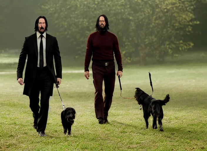 Image similar to film still of john wick played by keanu reeves walking his dog in the park in the new john wick movie, 4 k