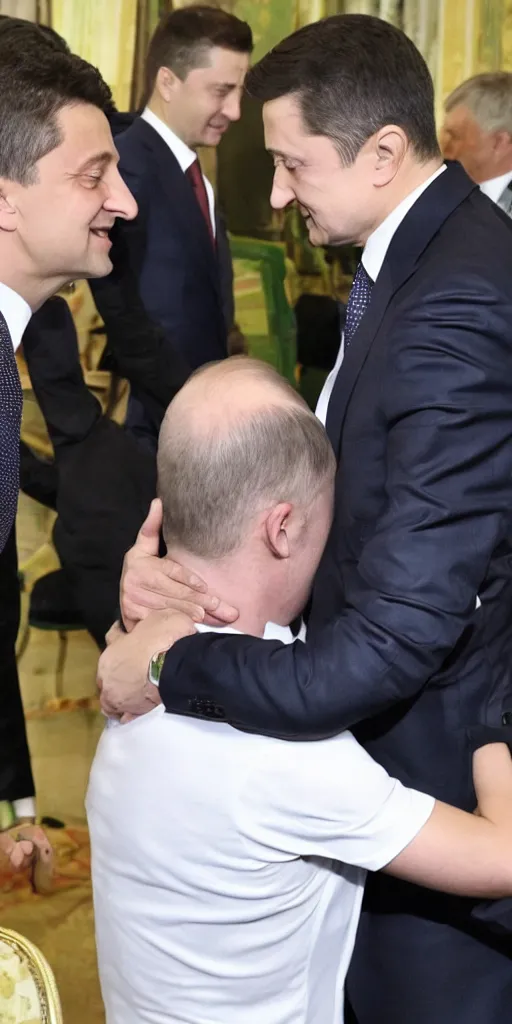 Image similar to Vladimir Putin gives Volodymyr Zelenskyy a warm and loving hug