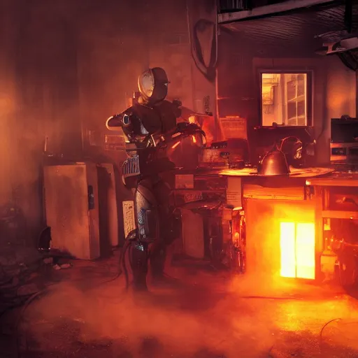 Image similar to cyborg with toaster oven chest, dark messy smoke - filled cluttered workshop, dark, dramatic lighting, orange tint, sparks, cinematic, highly detailed, sci - fi, futuristic, movie still