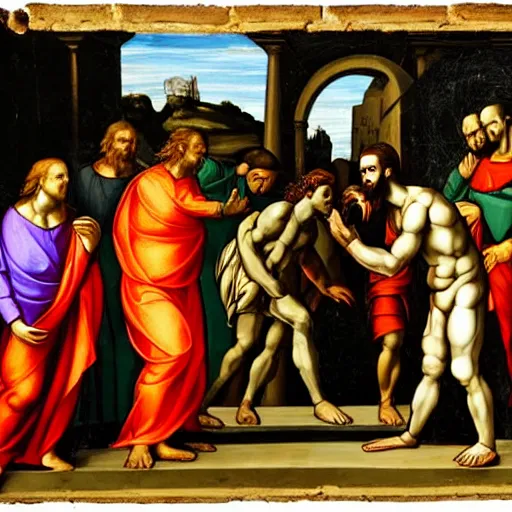 Image similar to pepe the frog in the raising of lazarus, style of michaelangelo, biblical reference