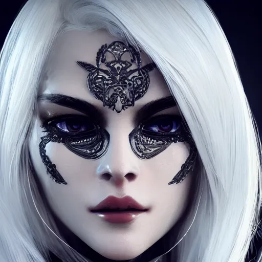 Image similar to highly detailed portrait of beautiful white haired android female, wearing a black jacket, very beautiful face, very detailed eyes, intricate, cgsociety, cinematic studio lighting