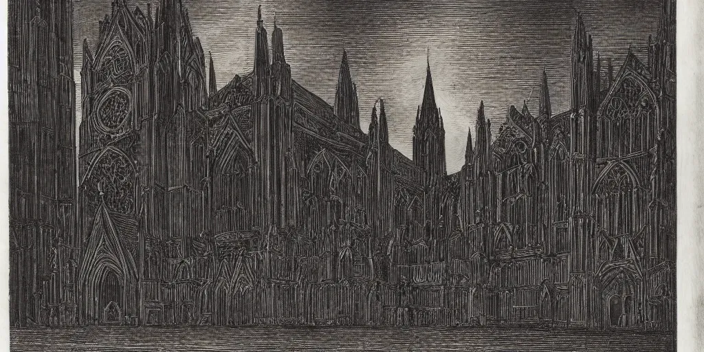 Prompt: scan of book with wood engravings of a large cathedral in the night, scary dark, dark ink, old paper